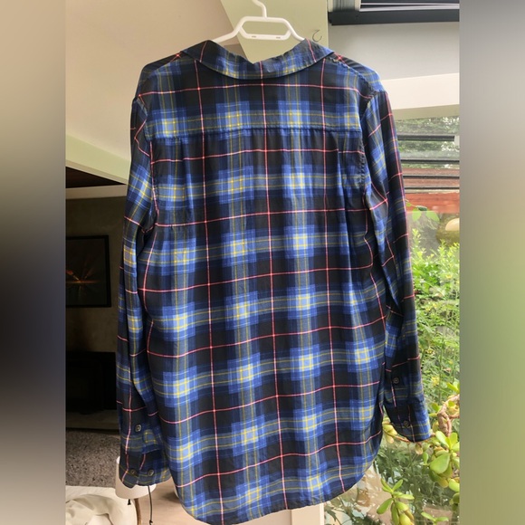 Silk blouse by Equipment. Blue/Black plaid. Size L - Picture 4 of 6